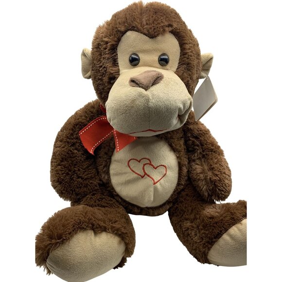 Cuddly Brown Monkey Plush Toy With Red Bow & Heart Embroidery - Ideal For Hugs - Picture 2 of 8